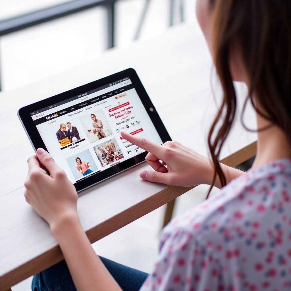 illustration of a user interacting with a sleek modern website on a tablet device showing fast loading and smooth navigation in a bright airy studio