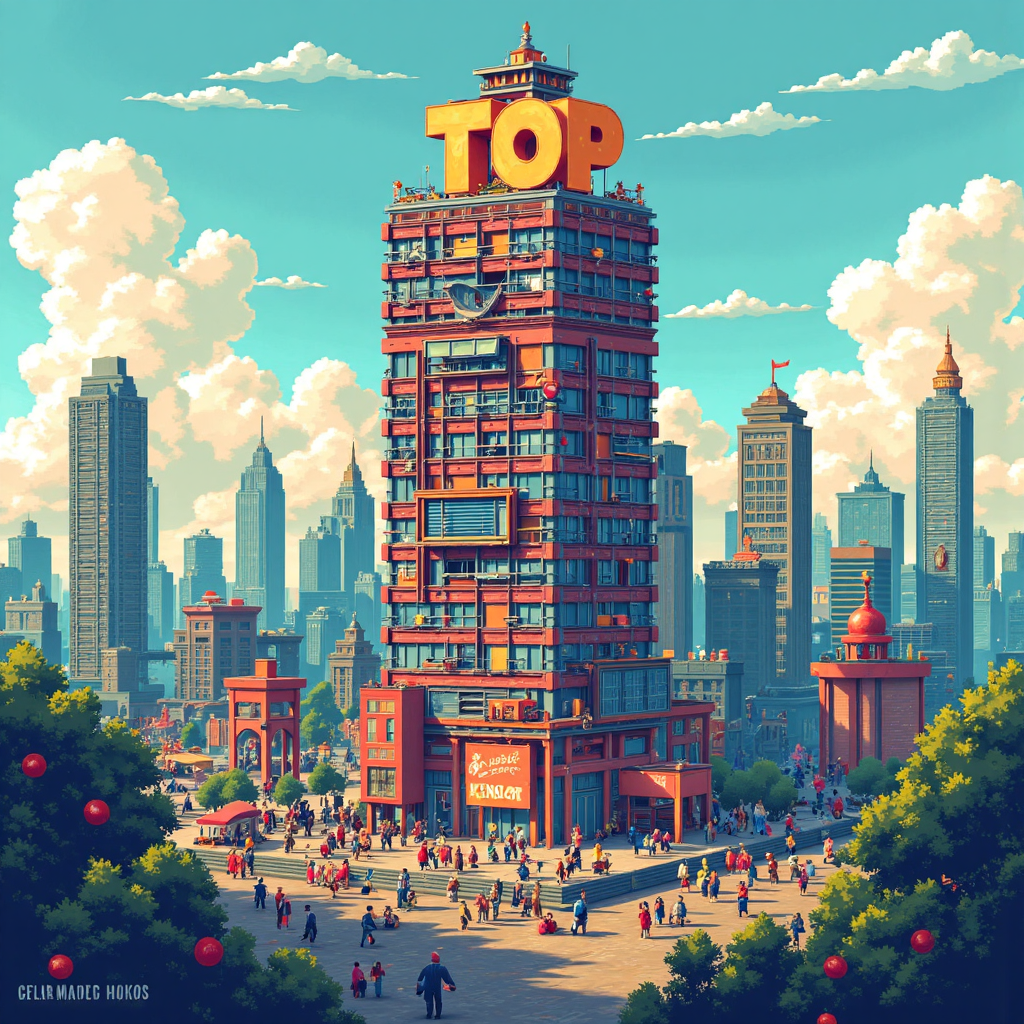 A whimsical illustration of a vibrant digital landscape filled with diverse characters placing well-structured content blocks forming a towering skyscraper representing 'TOP' with a golden light shining on it