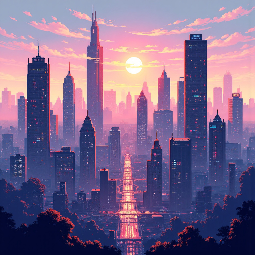 A vibrant illustration of a futuristic city skyline bathed in the soft glow of early morning light with abstract representations of data streams connecting tall buildings symbolizing technological innovation and growth