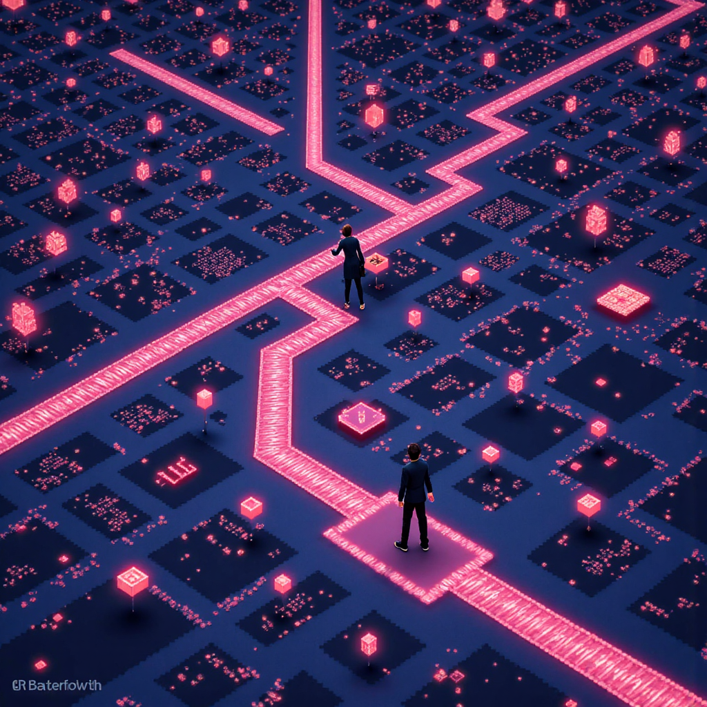 illustration of a person confidently navigating a maze of glowing digital pathways representing search engine algorithms with symbols of user satisfaction floating around