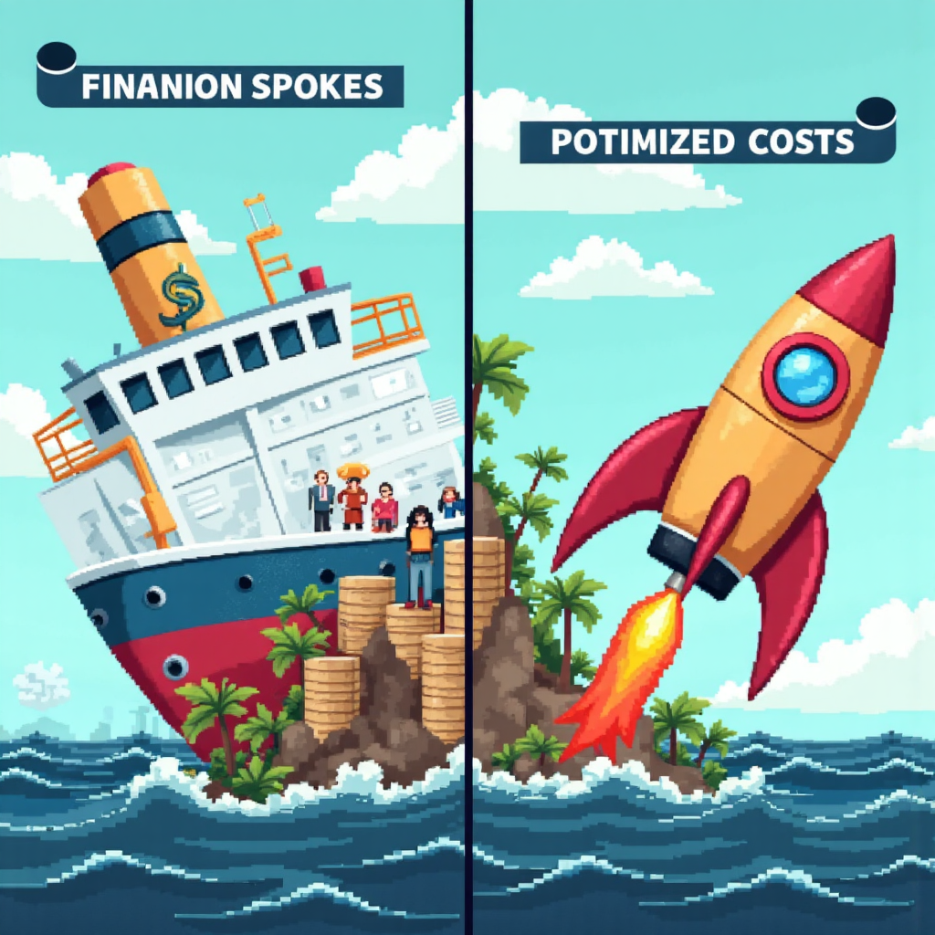 融資成本對比插圖：高成本沉船與優化成長火箭的生動場景
