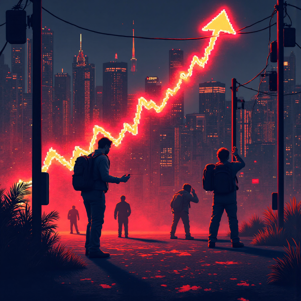 A scene depicting a trader frantically buying stocks as prices surge dramatically upwards, with stylized arrows and glowing red energy representing an intense short squeeze, in a dynamic digital art style
