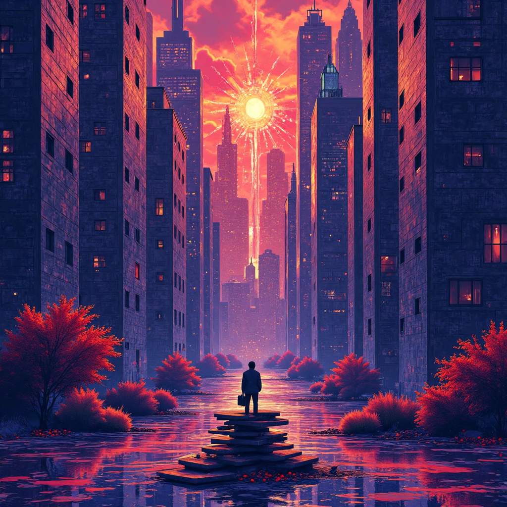 a dynamic digital painting of a complex fractal pattern morphing into abstract geometric shapes with vibrant glowing colors