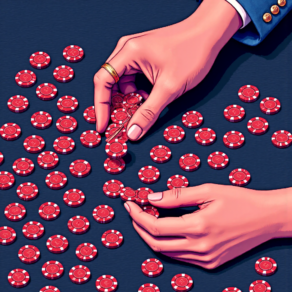 a vibrant, stylized depiction of a stock trader carefully sorting through numerous small chips representing investor shares, while a hidden hand subtly gathers them, symbolizing concentrated ownership during a stock wash-out phase