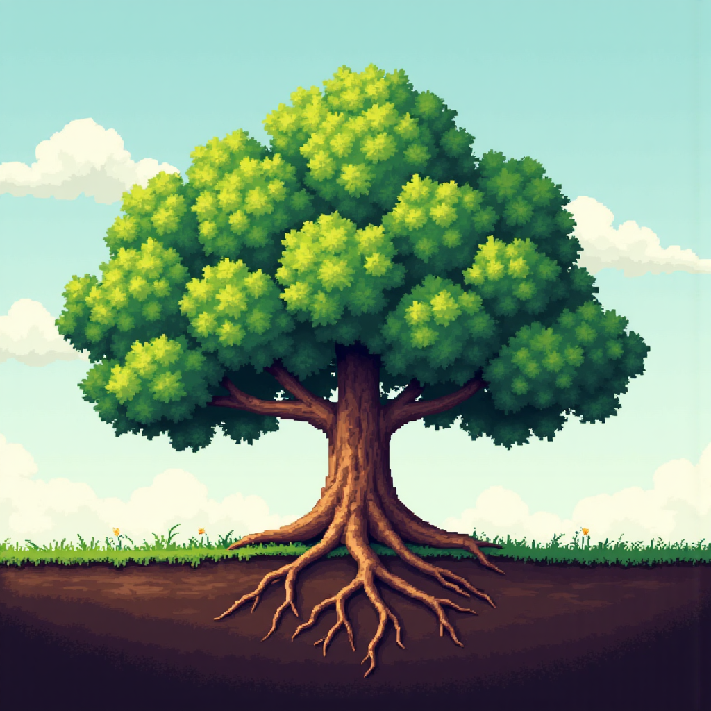 a lush, growing tree with roots digging deep and branches reaching towards a bright sky, symbolizing stable growth from evergreen content