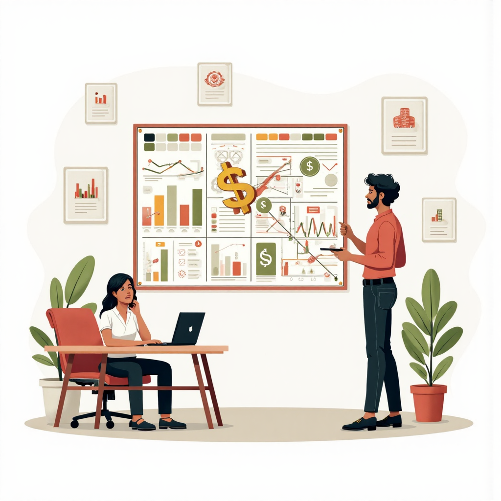 融資成本分析圖表：細看利息與費用元素環繞金錢符號的專業插圖