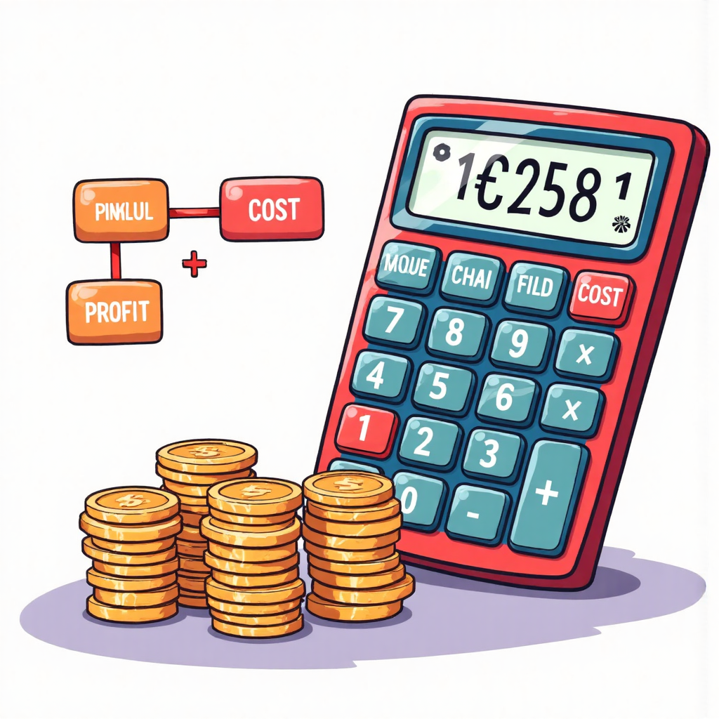 illustration of a calculator and a pile of coins near a flowchart showing revenue minus cost of goods sold leading to gross profit with bright cheerful colors