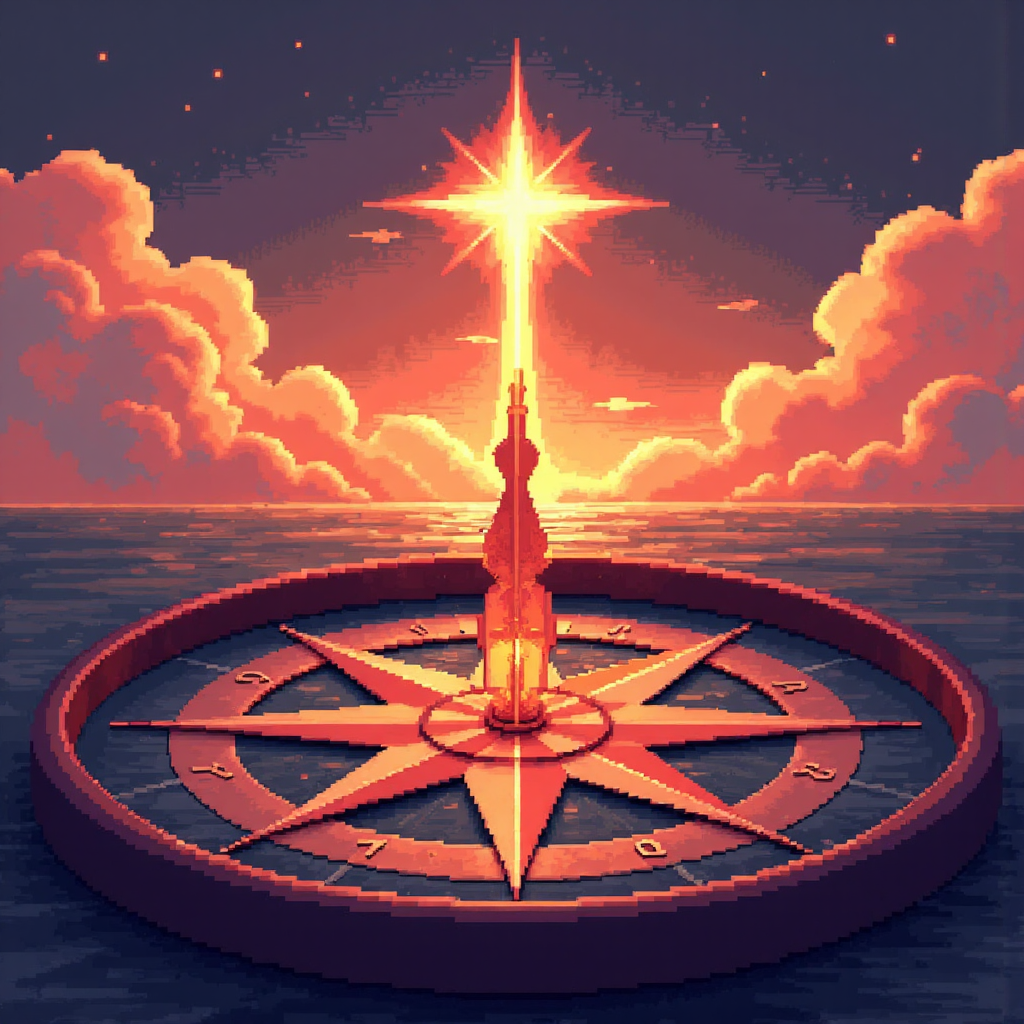 描繪指南針指向目標星辰的插圖,象徵戰略對齊與目標導向