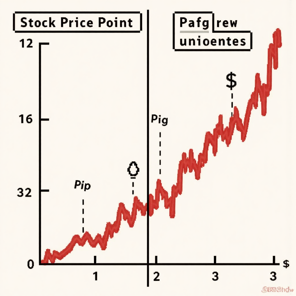 An illustration contrasting a simplified stock ticker price movement with a more dynamic foreign exchange rate fluctuation chart the stock side shows a smooth upward line labeled 'Stock Price Point' while the forex side depicts a jagged line marked with 'Pip' and small currency symbols the style uses bold outlines and contrasting colors to differentiate the concepts