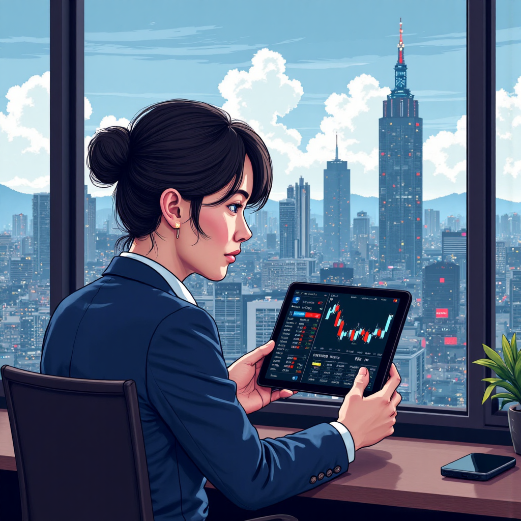 an illustration of a Taiwanese investor thoughtfully examining a tablet displaying stock charts of major tech companies set against a backdrop blending Taiwanese landmarks with a global digital network