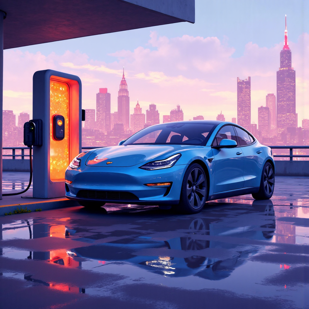 an illustration of a futuristic electric car charging at a sleek station with a city skyline in the background vibrant colors and soft lighting