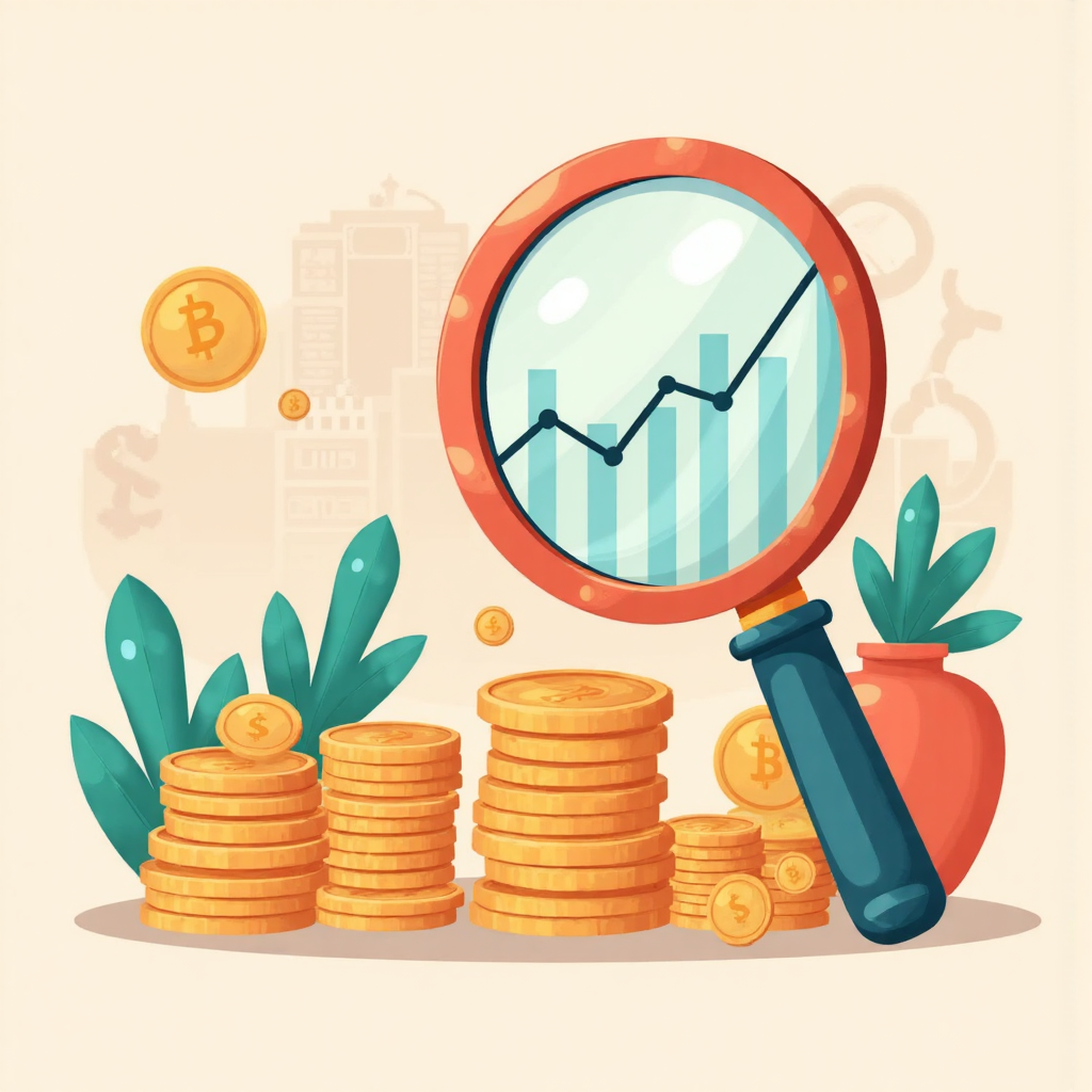 A whimsical illustration of a vintage magnifying glass focusing on a small stack of coins, making it appear enormous against a backdrop of financial charts, soft pastel colors, friendly atmosphere, flat design style