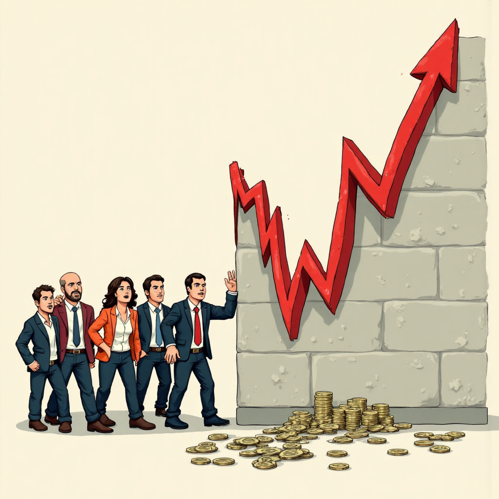 A stylized illustration of a stock market chart with a bright red downward trend line abruptly hitting a solid wall and stopping a wave of frantic cartoon investors.