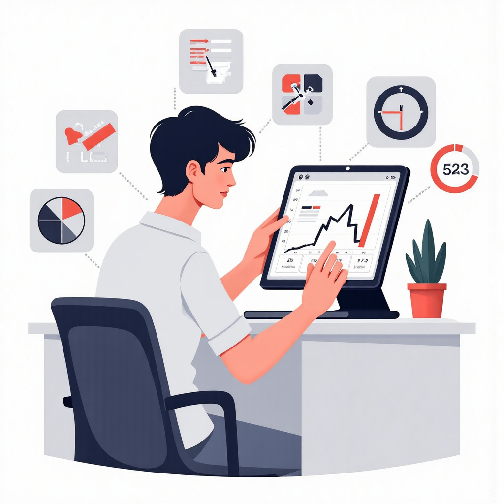 illustration of a thoughtful person analyzing economic data on a tablet with charts and numbers surrounding them representing the process of understanding and forecasting cpi trends with a modern minimalistic aesthetic and a focus on clarity