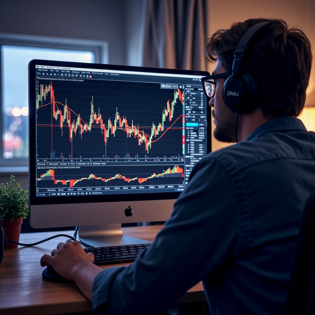 交易員專注研究 RSI 指標疊加的股票圖表，螢幕發出柔和光芒，背景圖表元素微微模糊