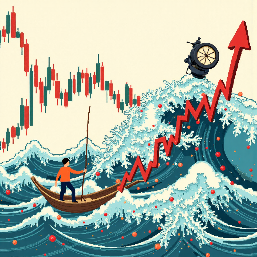 a whimsical illustration of a stock market chart with prices dramatically fluctuating up and down like waves with a determined investor character navigating through the chaos with a compass representing knowledge