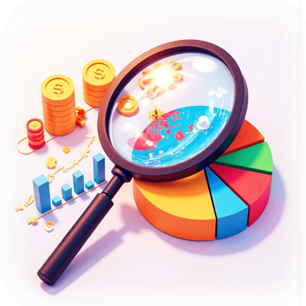 放大鏡檢視國家經濟餅圖，顯示消費、投資、政府支出與淨出口的國內生產毛額組成