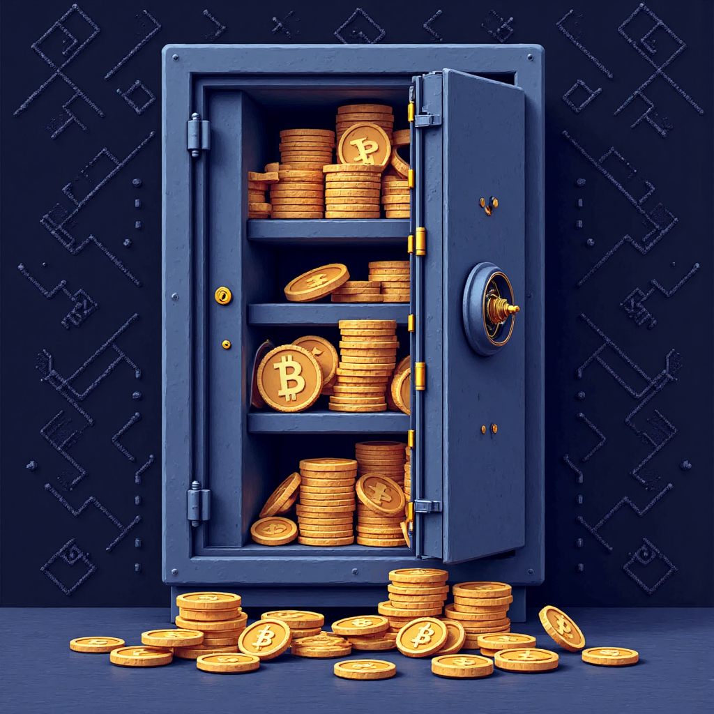 安全的數位金庫守護眾多加密貨幣幣種，背景有區塊鏈圖案，現代像素藝術遊戲風格