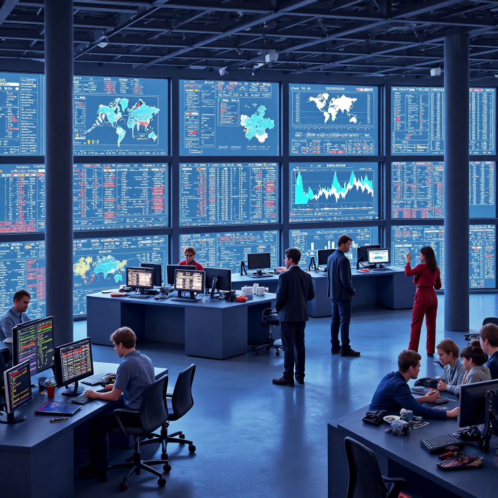 Nasdaq 100 指數未來交易廳的像素藝術全息顯示與全球市場趨勢