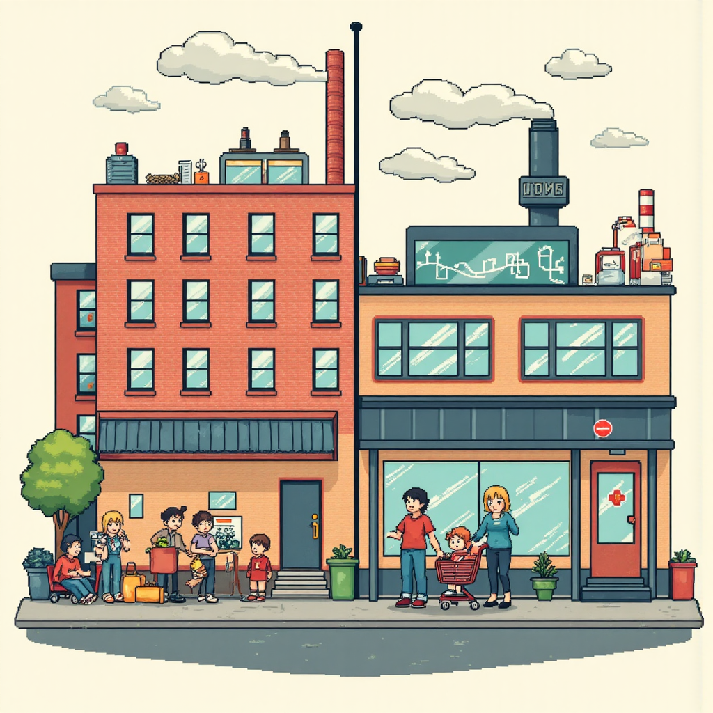 a split illustration showing a factory on one side reflecting high production costs and a family shopping on the other side reflecting consumer price changes guided by a central economic graph