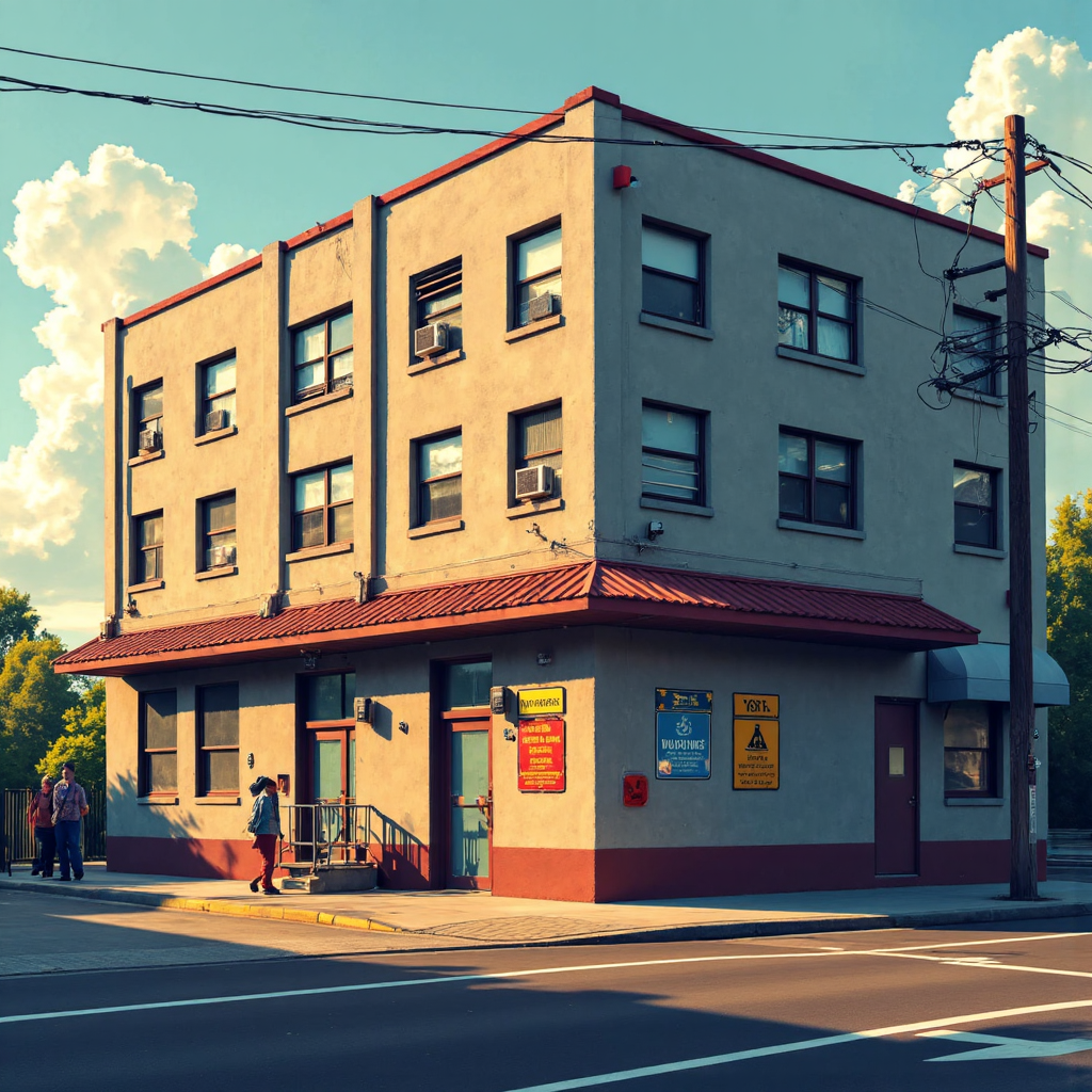 illustration of a company building with a strong emphasis on safety features like robust emergency exits and clear warning signs bathed in warm, optimistic light symbolizing successful regulatory adherence and ongoing operational security