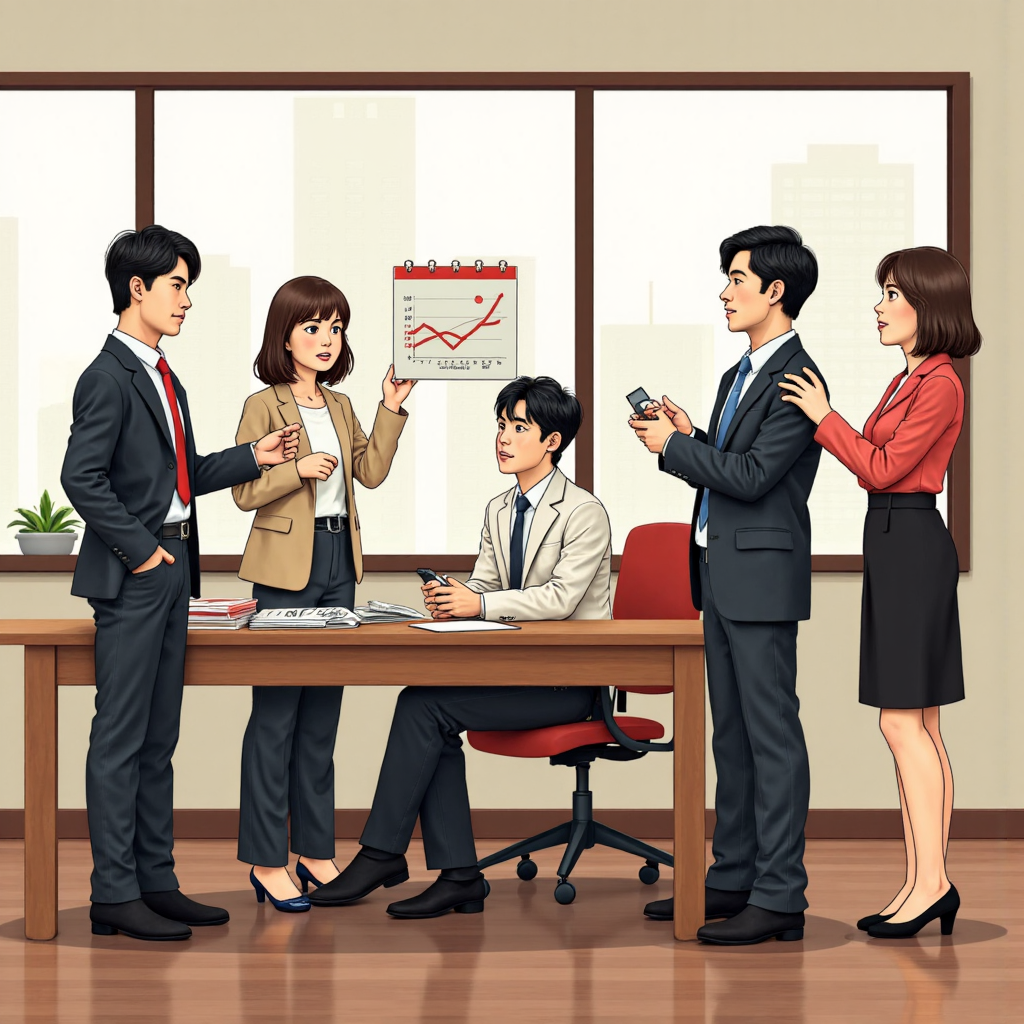 illustration of a diverse group of Taiwanese business owners discussing charts and figures related to profit and loss in a friendly meeting room setting with natural daylight