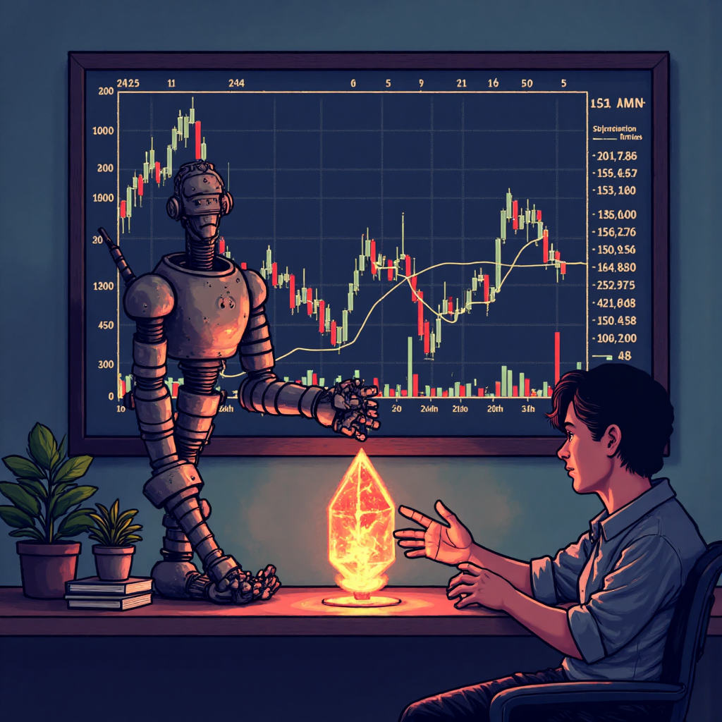 stylized illustration of a wise robot advisor offering a glowing crystal to a pair of hands examining a stock market graph with glowing network nodes