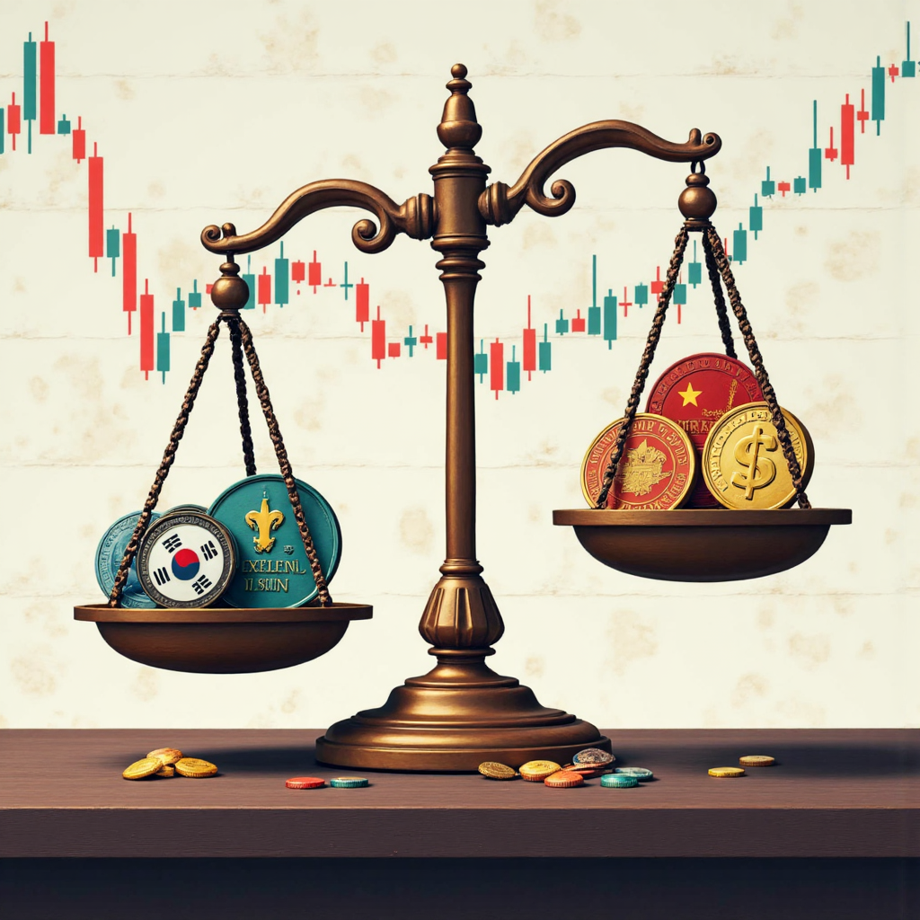 an artistic representation of a balance scale with one side holding a Japanese Yen coin and a Korean Won coin and the other side holding a Chinese Yuan coin and a Singaporean Dollar coin all set against a backdrop of overlapping stock market charts and subtle global economic indicators