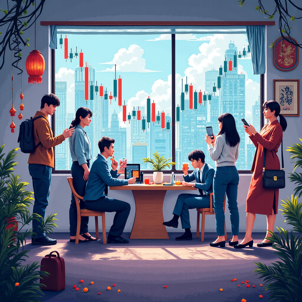 A dynamic scene showing diverse global investors interacting with a transparent market graph displaying UNI token price fluctuations, with subtle Taiwanese cultural elements integrated into the background