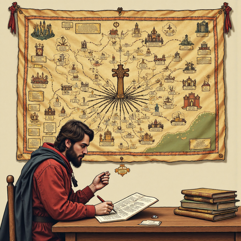 A medieval scholar poring over a map that transforms into a digital mind map, illustrating the interconnectedness of topics, with emphasis on a central 'pillar' concept and radiating 'cluster' ideas in a warm illustrative style