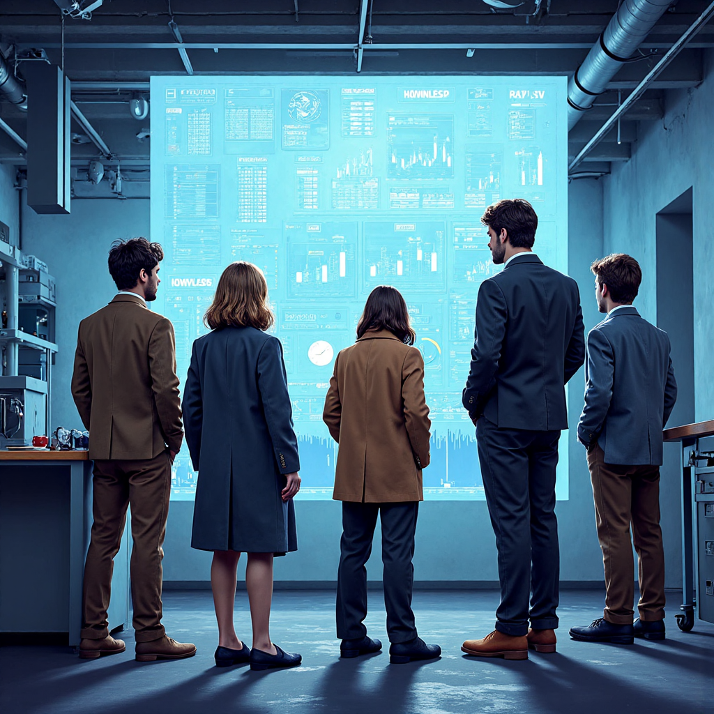 一群不同背景的人盯著全息投影的金融市場，帶著謹慎與決心的神情，現代像素藝術遊戲風格