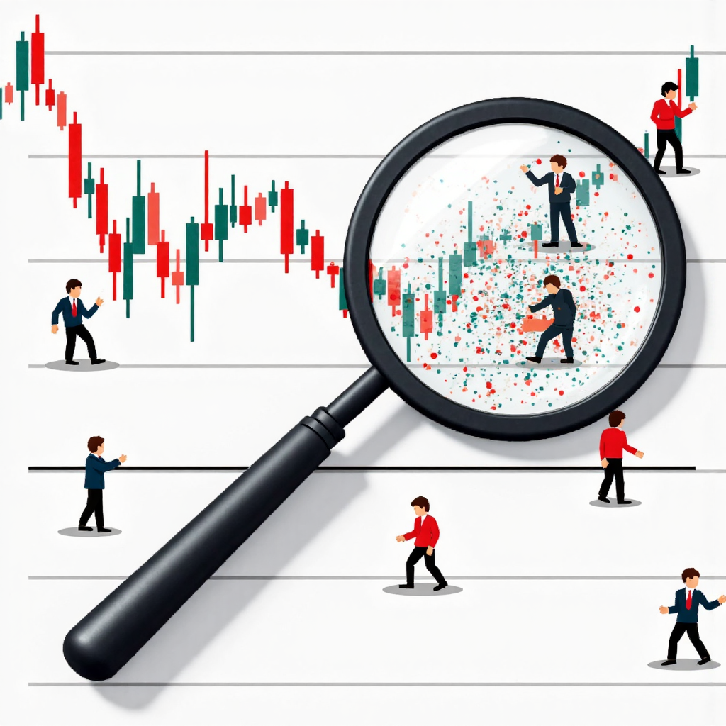 stylized illustration of a stock market graph with a magnifying glass focusing on scattered small figures representing retail investors analyzing chaotic market data with a slightly worried expression