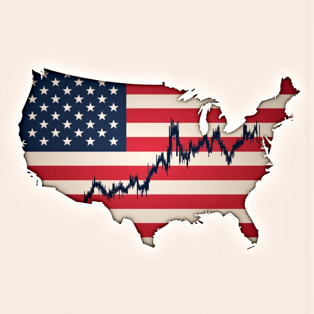 illustrative graphic of the s&p 500 index chart with a stylized american flag in the background in a soft color palette