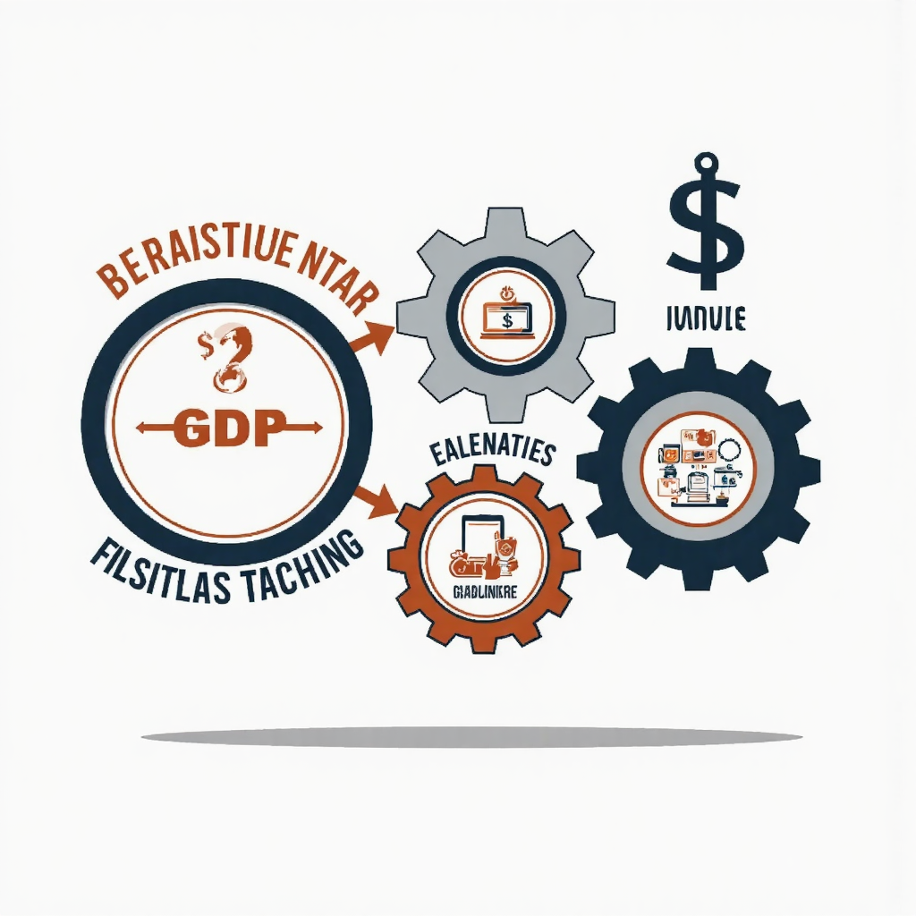 互聯齒輪圖示支出、所得與生產法，說明國內生產毛額三大計算方式的金錢流動與附加價值