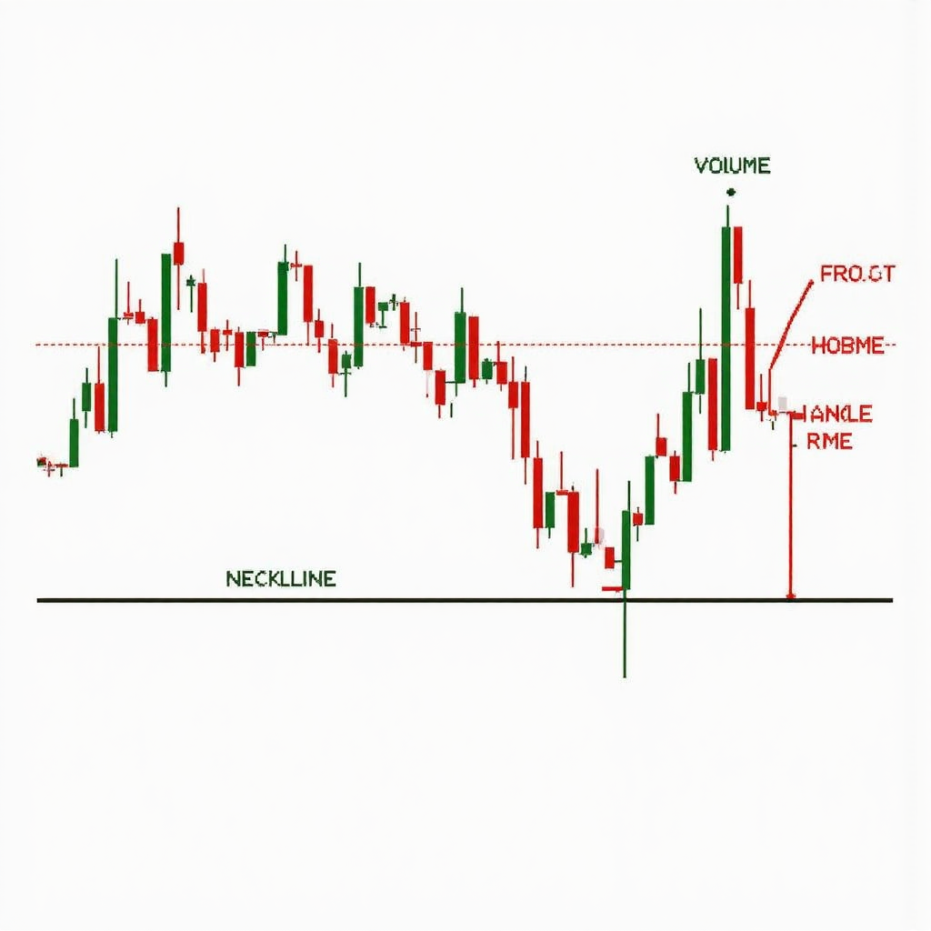 A detailed technical chart illustration depicting the formation of a double top pattern with clear labels for peaks neckline and volume bars in a clean minimalist style