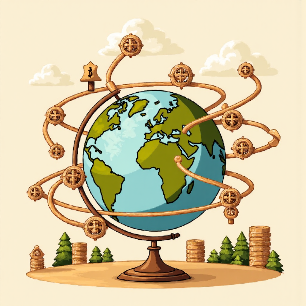 a whimsical illustration depicting a stylized globe with currency symbols flowing between different countries showing interest rate differentials as bridges between them with a soft warm color palette and a feeling of financial exploration