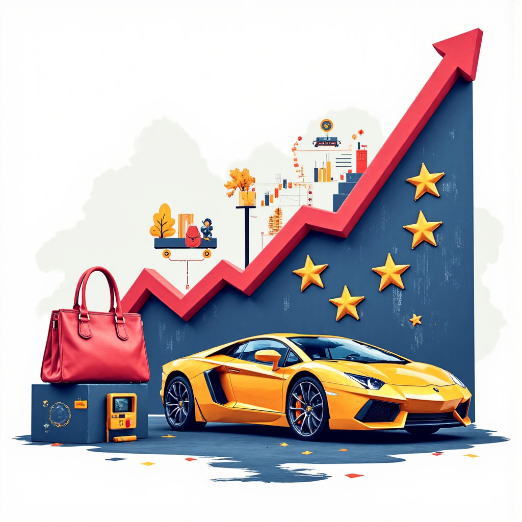a vibrant illustration depicting diverse european business icons such as a luxury handbag a sports car and a sleek technological device seamlessly integrated into a rising stock graph symbolizing the robust industrial and consumer strength within the euro stoxx 50 index composition