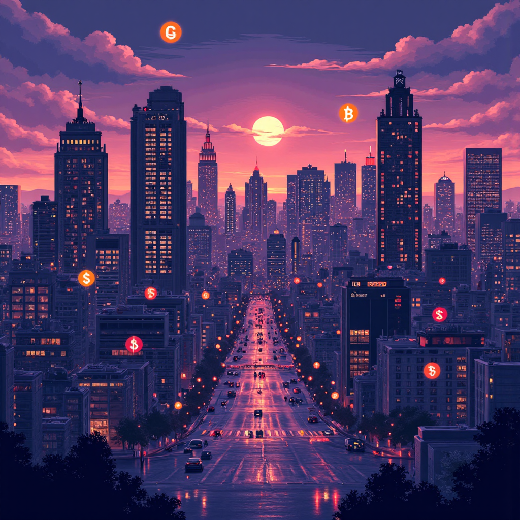 充滿活力的數位城市景觀，浮動著發光的加密貨幣符號和交易圖表，現代像素藝術遊戲風格