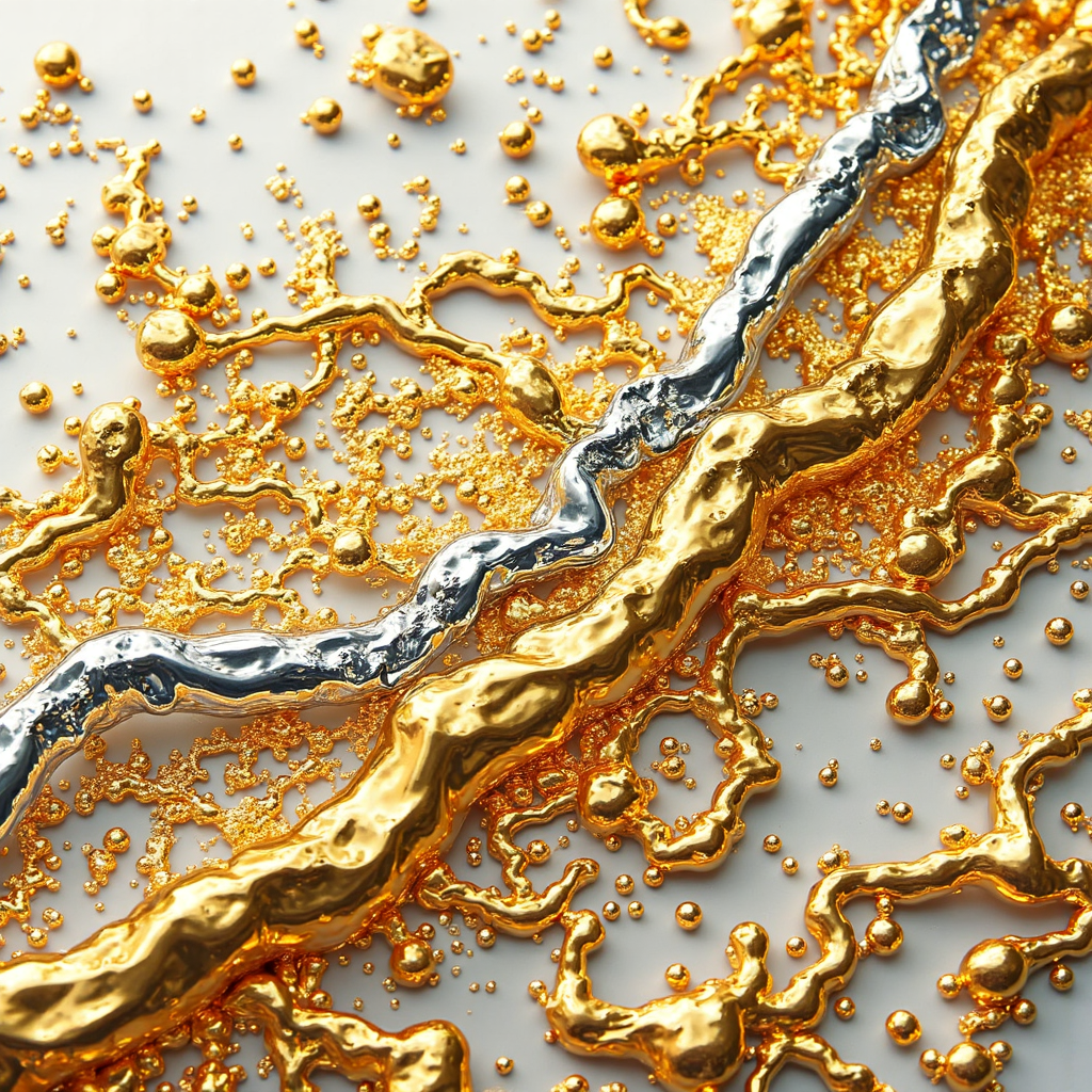 a dynamic illustration showing a mix of precious metals flowing like liquid gold and silver intertwined with charts and graphs signifying market fluctuations and investment opportunities with subtle hints of global economic indicators