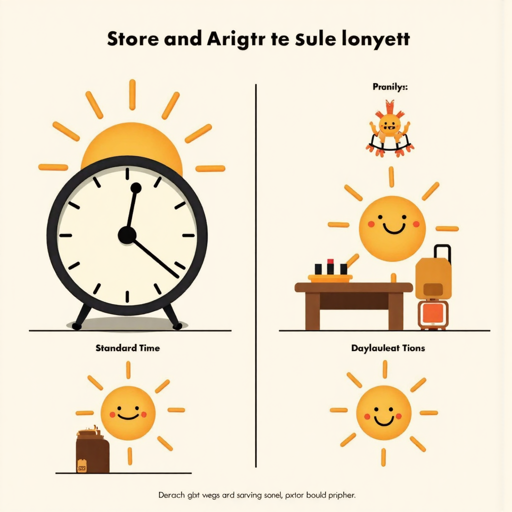 simplified diagram showing a clock face transitioning from standard time to daylight saving time with a joyful sun character and playful geometric shapes in a children's book illustration style