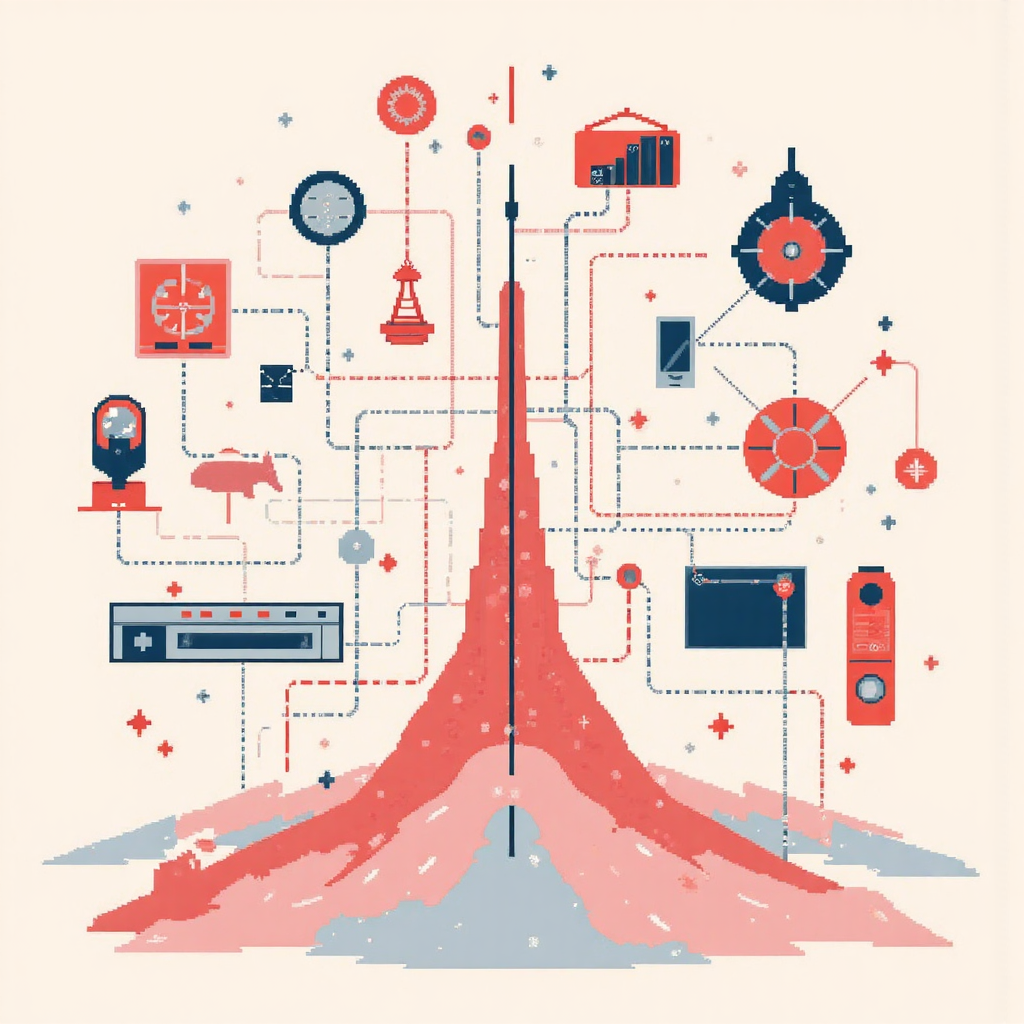 抽象插圖，視覺化基礎參考點以輻射線連結設計、工程與科學圖標，使用柔和粉彩調