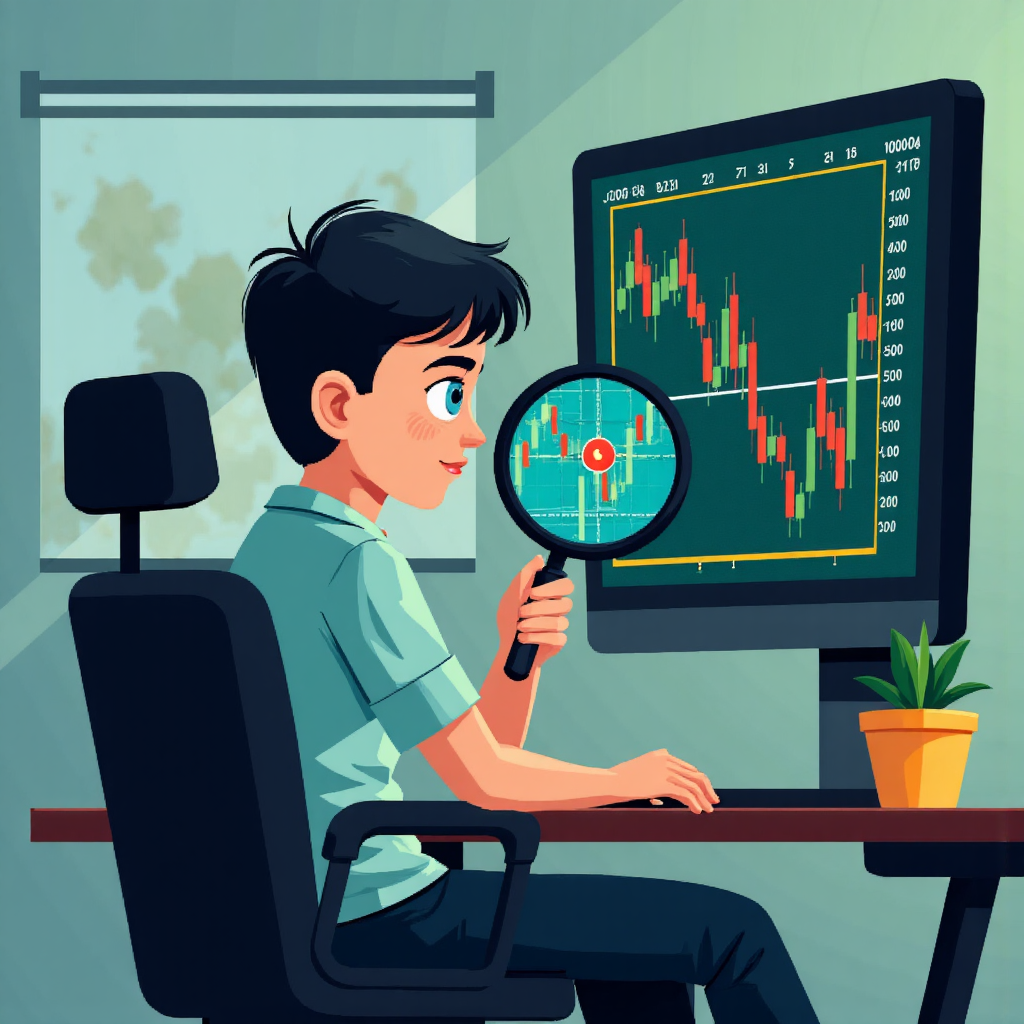 Illustration of a curious beginner trader looking at a complex foreign exchange chart with a magnifying glass focusing on a single tiny price fluctuation visualized as an expanding dot the overall color palette is calm blues and greens with subtle hints of gold to represent value
