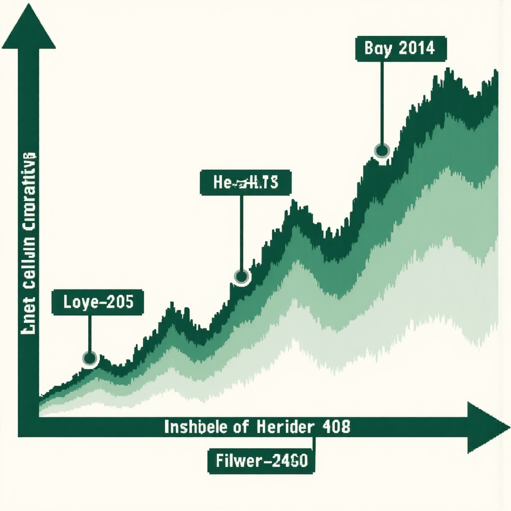 stylized chart showing ascending and descending wave patterns with clear markers for impulse and corrective phases in a vibrant green and grey palette