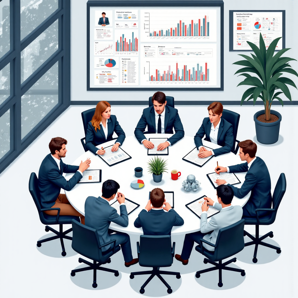 An overhead illustration of a diverse group of people from different backgrounds gathered around a table analyzing charts and graphs depicting stock market trends with a subtle emphasis on technology and innovation elements