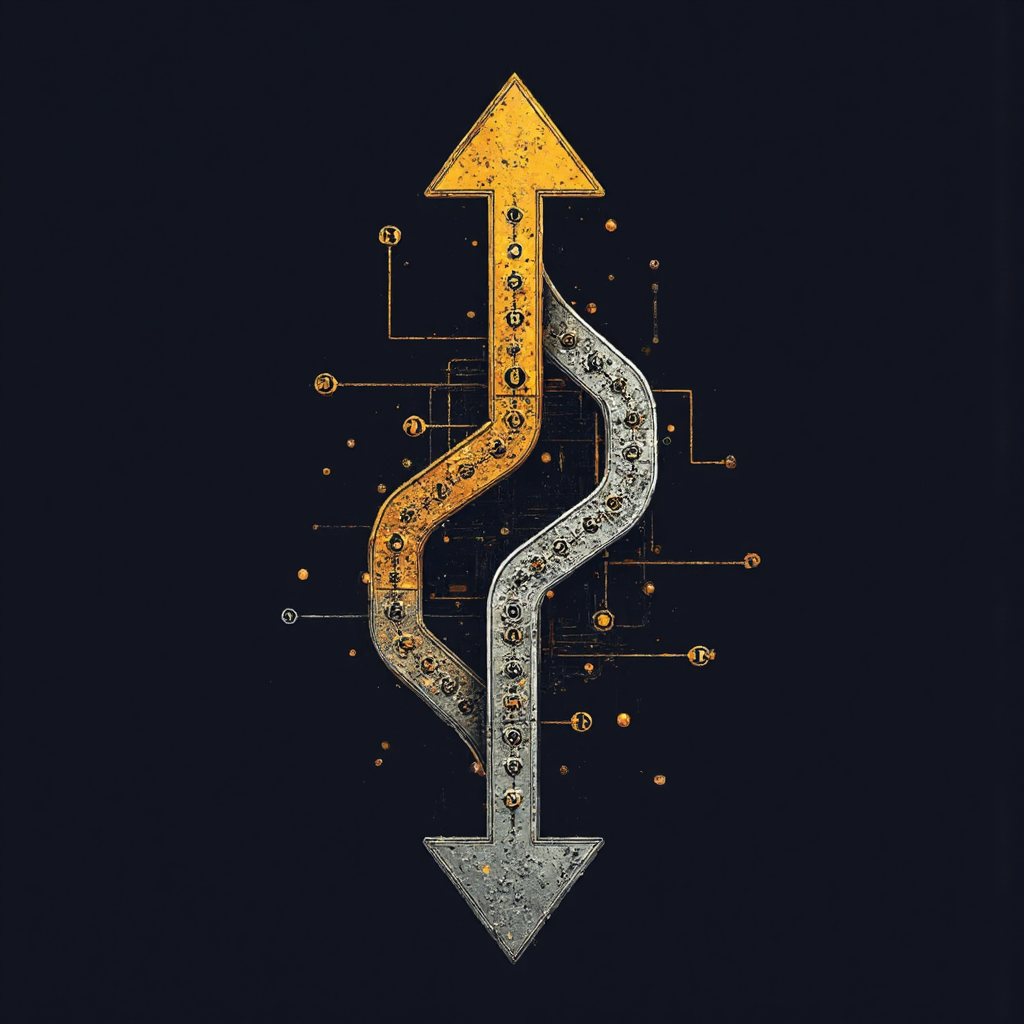 a stylized illustration of two interweaving arrows one golden pointing up the other silver pointing down with a complex yet visually appealing network of lines and numbers connecting them on a dark background