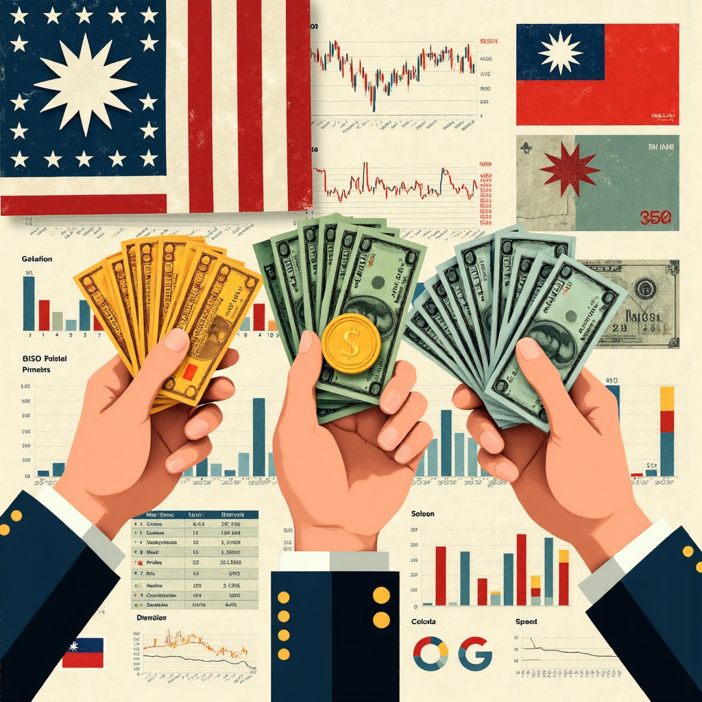 a collage style illustration showing hands holding different financial instruments like currency coins stock charts and bond certificates against a background of abstract economic data visualizations and a subtle overlay of the US and taiwanese flags symbolizing international economic connections and influences
