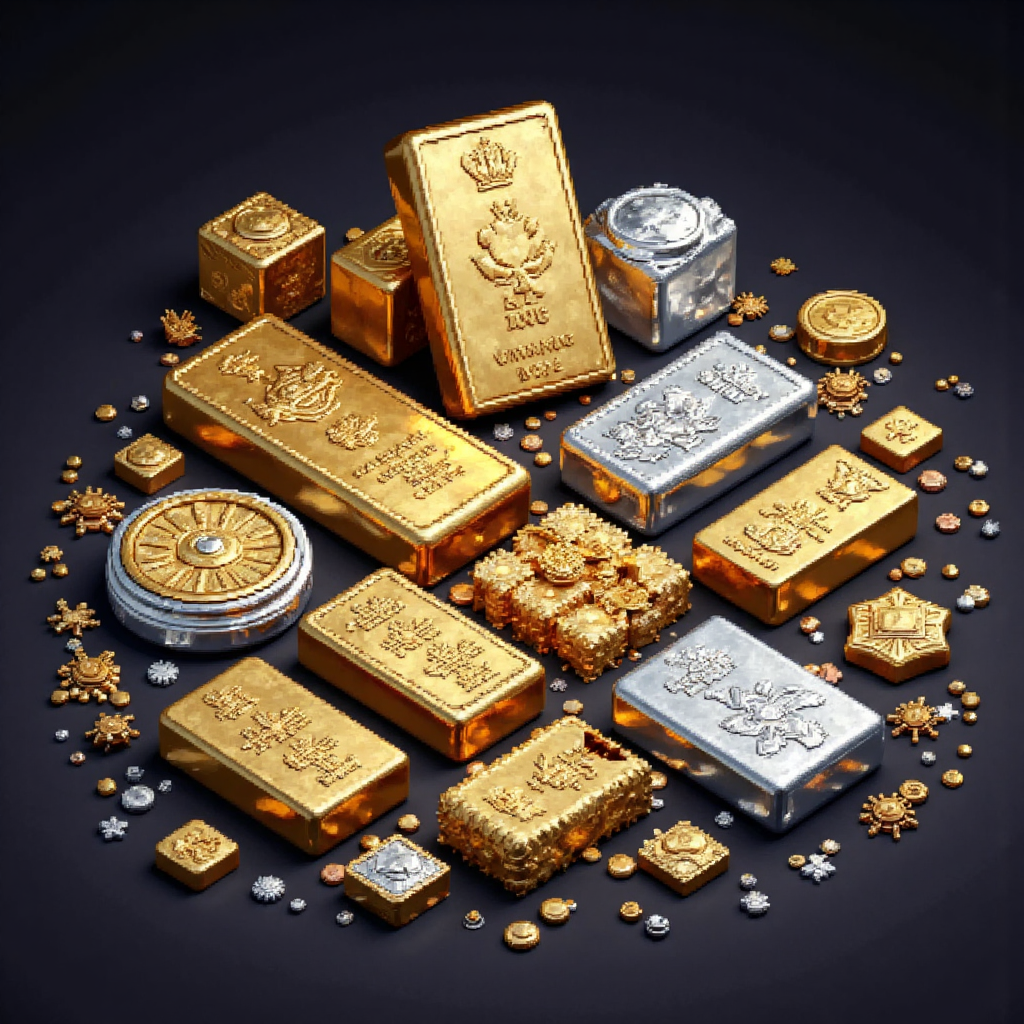a stylized illustration of different gleaming precious metals like gold silver platinum and palladium arranged in a luxurious display with soft diffused lighting and a dark background emphasizing their inherent value and rarity