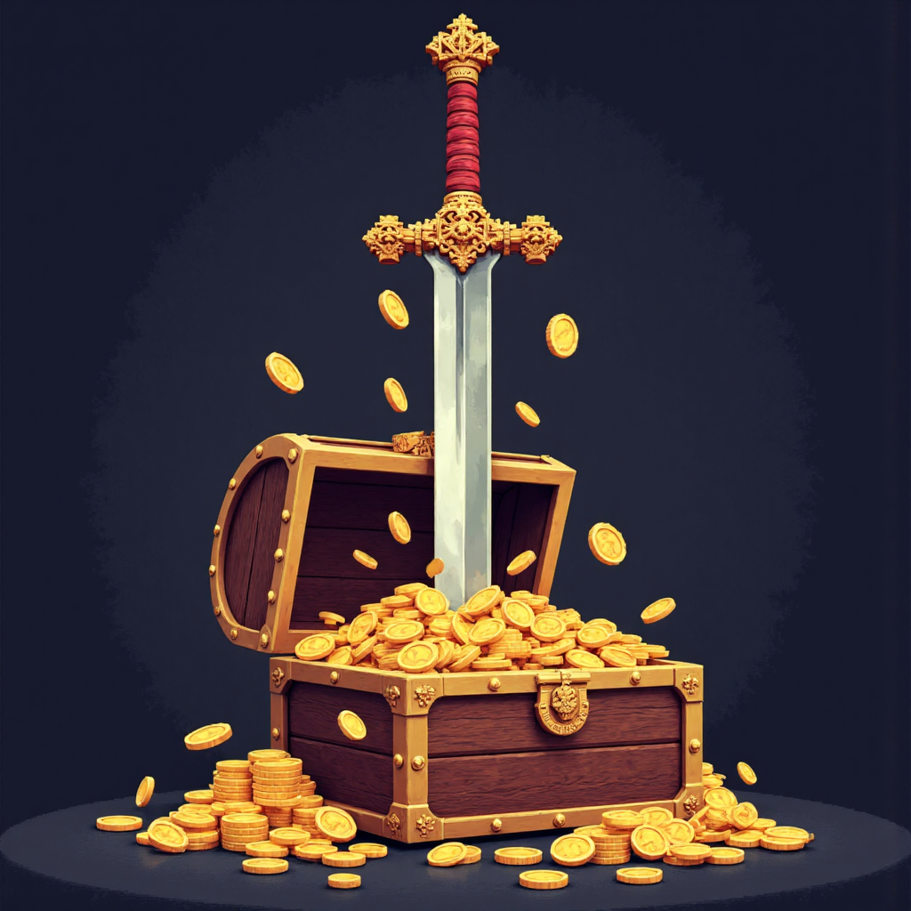 A stylized illustration of a double edged sword emerging from an open treasure chest overflowing with golden coins and dark shadows illustrating both profit and risk in financial trading
