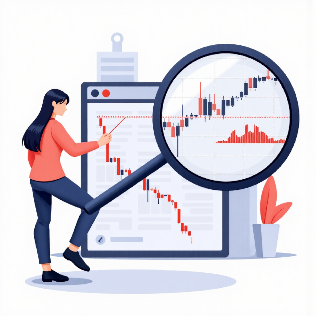 a digital illustration depicting a magnifying glass examining a stock market chart revealing support and resistance levels highlighted by a smooth SMA line in a clean, modern aesthetic