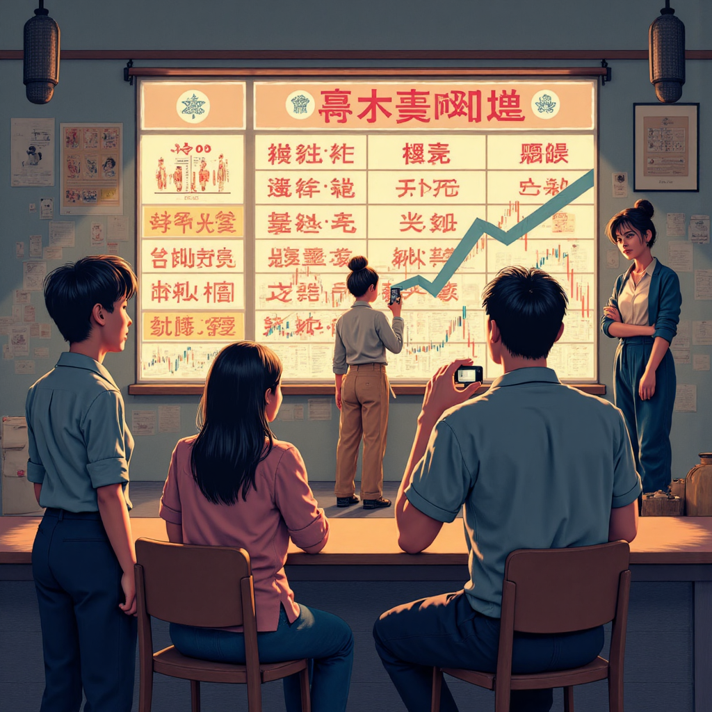 Illustration of a diverse group of Taiwanese investors looking at a glowing digital calendar displaying stock market symbols and dates with a backdrop of rising financial charts in soft muted tones